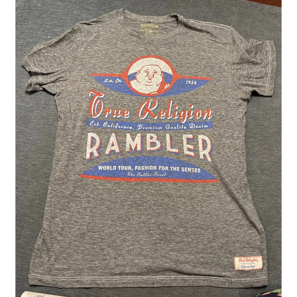 True Religion Rambler Graphic Tee Men Small Grey Heather Buddha World Tour Shirt